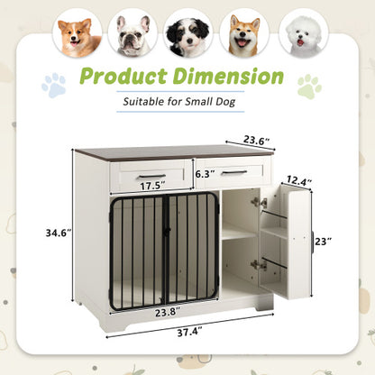 GO 37.4 Dog Crate Furniture, Indoor Dog Kennel With 2 Drawers And Storage Cabinet, Modern Furniture Dog Crate Side End Table For Small Medium Dogs, White
