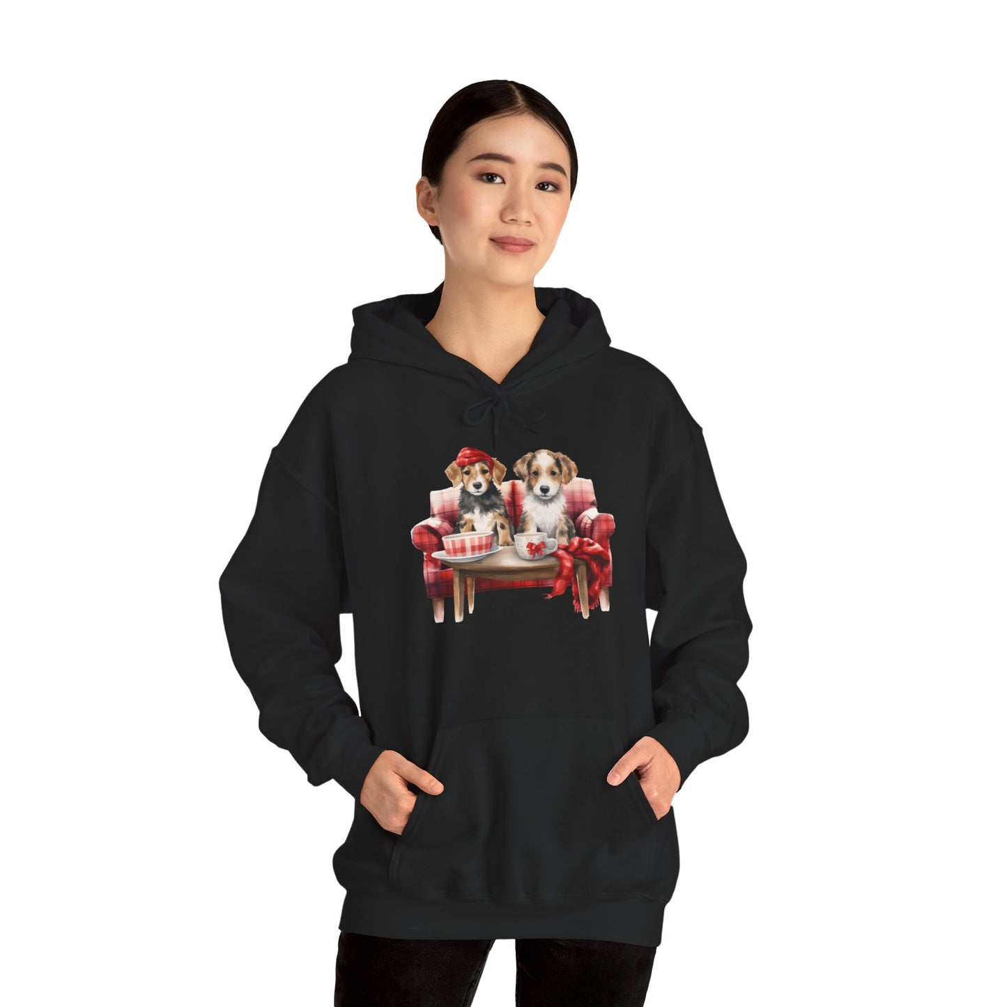 Christmas Puppies Hoodie - Festive Dogs on Sofa Holiday Sweatshirt