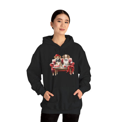 Christmas Puppies Hoodie - Festive Dogs on Sofa Holiday Sweatshirt