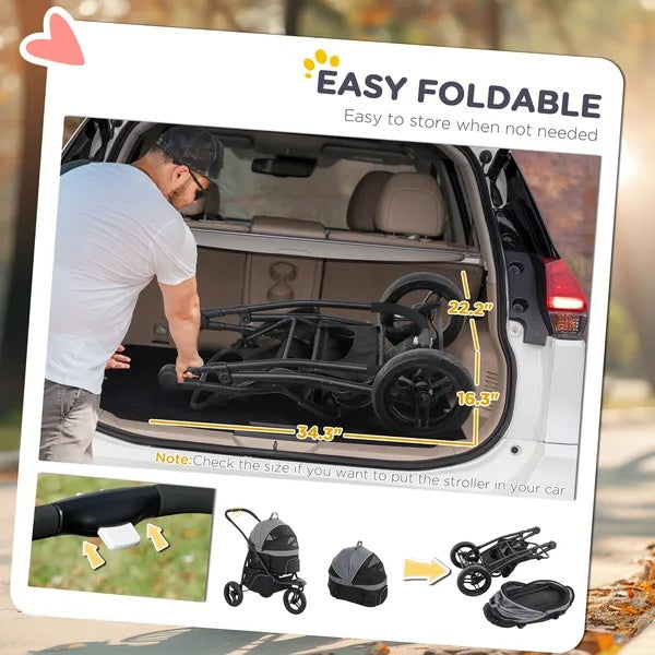3 In 1 Pet Jogging Stroller - Small Dogs Cats Detachable Carrier