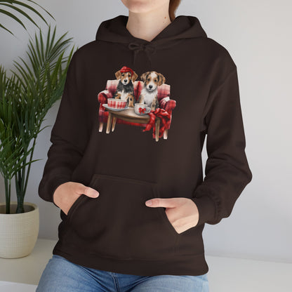 Christmas Puppies Hoodie - Festive Dogs on Sofa Holiday Sweatshirt