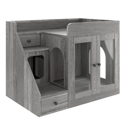 GO Cat Litter Box Enclosure With Light , Hidden Litter Box Furniture With 2 Storage Drawers, Indoor Cat House Side Table For Living Room