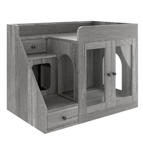 GO Cat Litter Box Enclosure With Light , Hidden Litter Box Furniture With 2 Storage Drawers, Indoor Cat House Side Table For Living Room