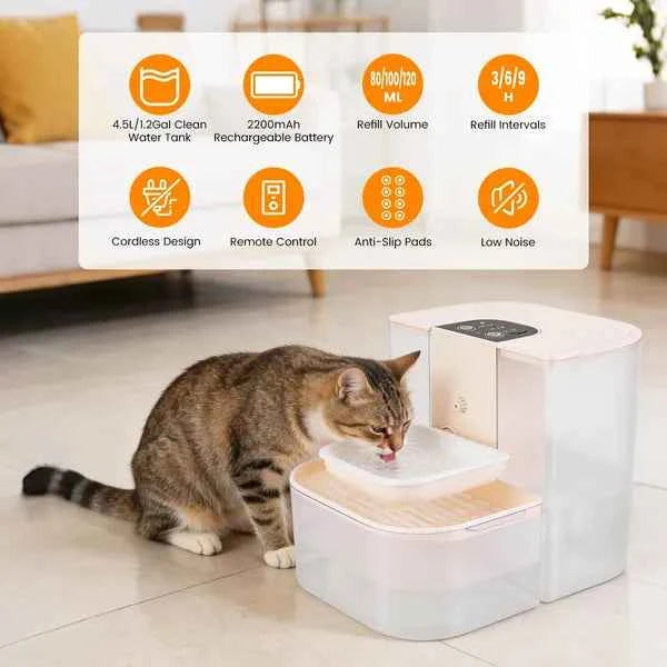 Pet Water Fountain Automatic - 4.5L Dual Tank Remote Control