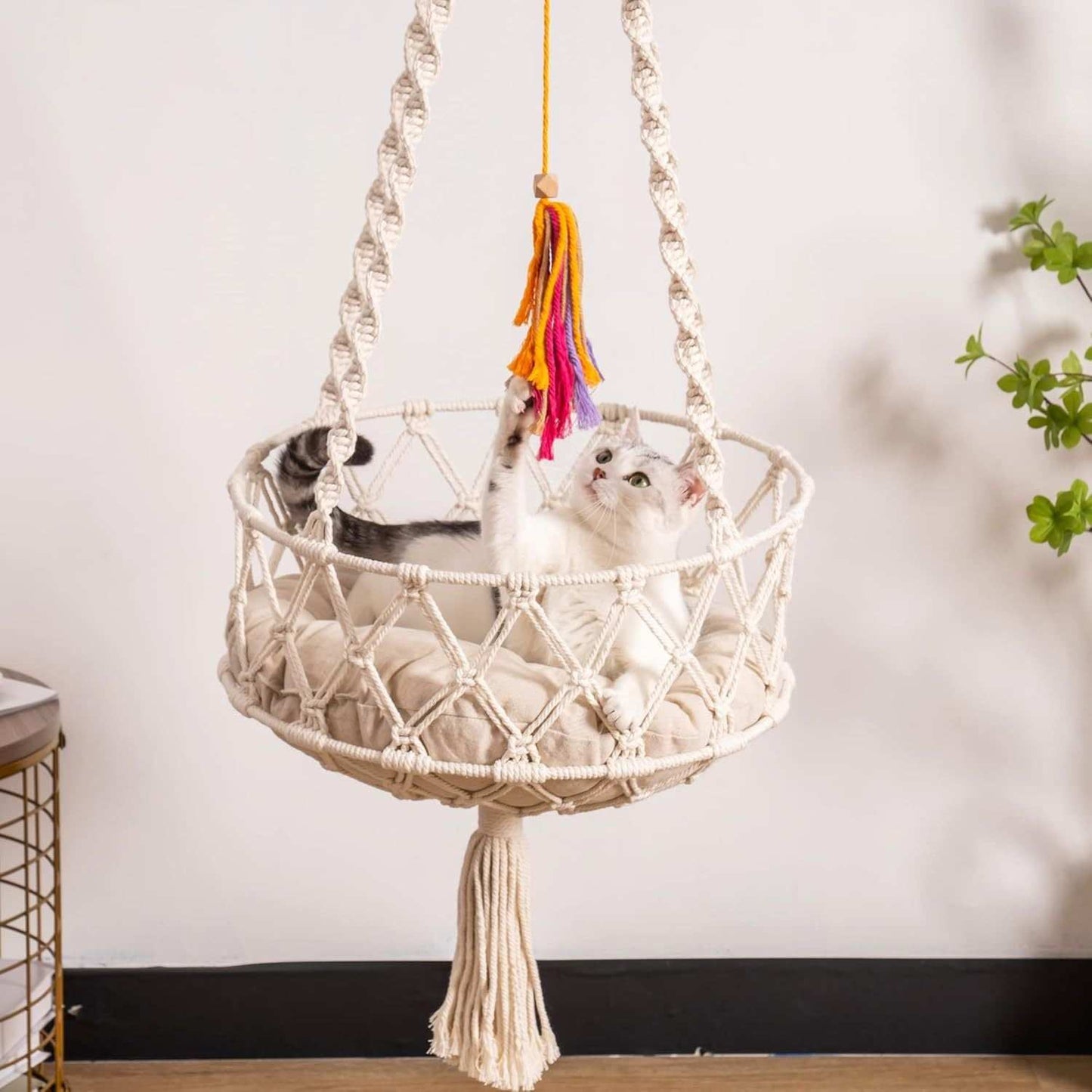 Macrame Cat Swing Bed For Indoor Cats - Boho Hanging Hammock With Washable Mat