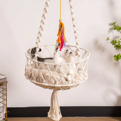 Macrame Cat Swing Bed For Indoor Cats - Boho Hanging Hammock With Washable Mat