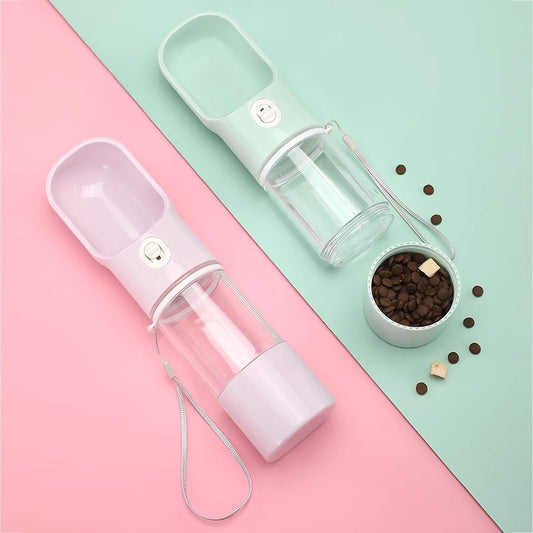 Pet water bottle and food container on a pink and green background