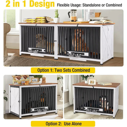 Foldable Dog Crate Furniture No Assembly, Expandable Design, Chew-Resistant, with 360° Rotating Pet Bowls
