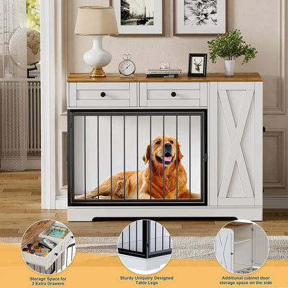 Dog Crate Furniture Kennel with Double Doors - Wooden Pet House with 2 Drawers and Pet Feeder Station Storage Cabinet