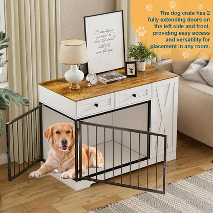 Dog Crate Furniture Kennel with Double Doors - Wooden Pet House with 2 Drawers and Pet Feeder Station Storage Cabinet