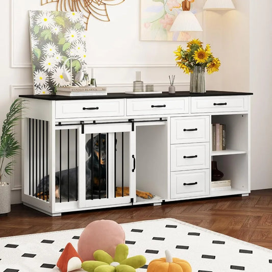 67" Wide Luxury Wooden Heavy Duty Single Room Dog Kennel Furniture w/Sliding Door