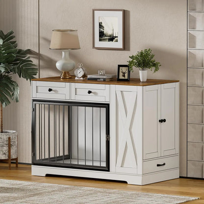 Dog Crate Furniture Kennel with Double Doors - Wooden Pet House with 2 Drawers and Pet Feeder Station Storage Cabinet