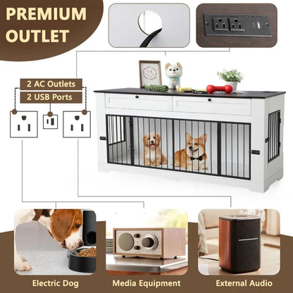 Wooden Dog Cage End Table with Charging Station Large Dog Crate Furniture-Decorative Heavy Duty