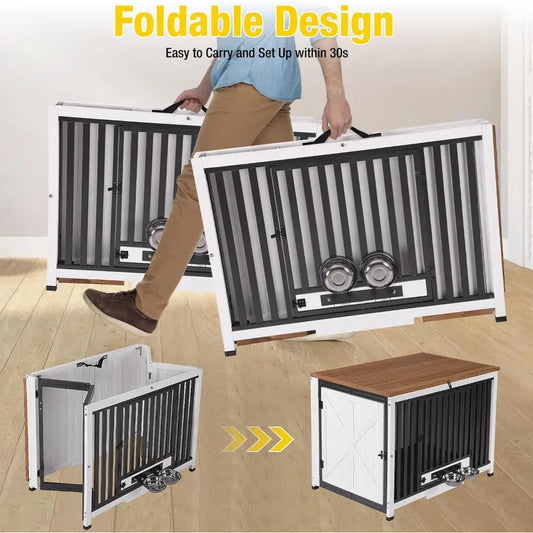 Foldable Dog Crate Furniture No Assembly, Expandable Design, Chew-Resistant, with 360° Rotating Pet Bowls