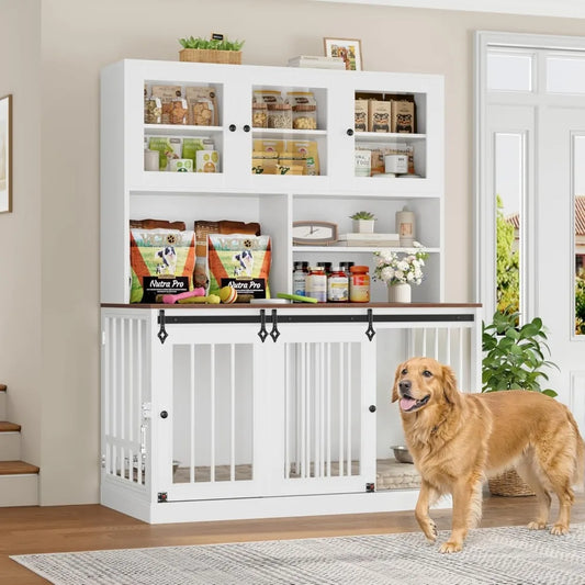 Hutch Style Dog Crate Furniture for Large Dogs for 2 Pets with Divider