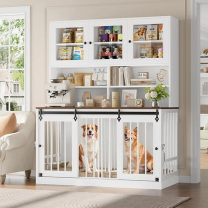 Hutch Style Dog Crate Furniture for Large Dogs for 2 Pets with Divider