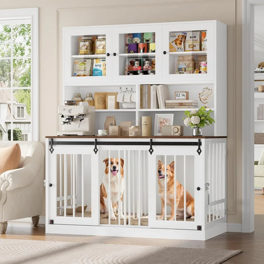 Hutch Style Dog Crate Furniture for Large Dogs for 2 Pets with Divider