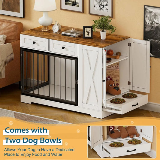 Dog Crate Furniture Kennel with Double Doors - Wooden Pet House with 2 Drawers and Pet Feeder Station Storage Cabinet