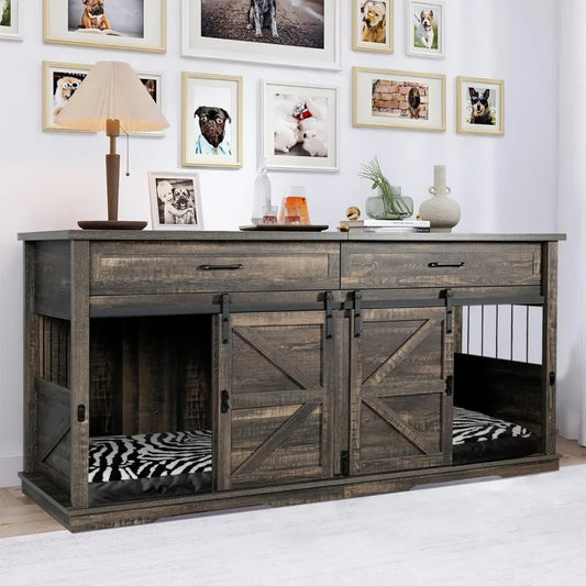 Wooden Furniture Double Dog Crate TV Stand for Medium and Large Breeds with Sliding Doors