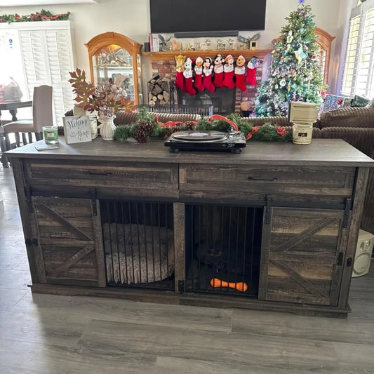 Wooden Furniture Double Dog Crate TV Stand for Medium and Large Breeds with Sliding Doors