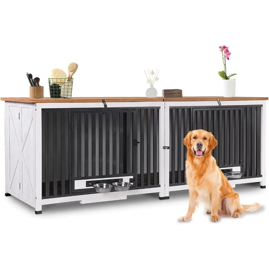 Foldable Dog Crate Furniture No Assembly, Expandable Design, Chew-Resistant, with 360° Rotating Pet Bowls