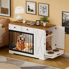 Dog Crate Furniture Kennel with Double Doors - Wooden Pet House with 2 Drawers and Pet Feeder Station Storage Cabinet