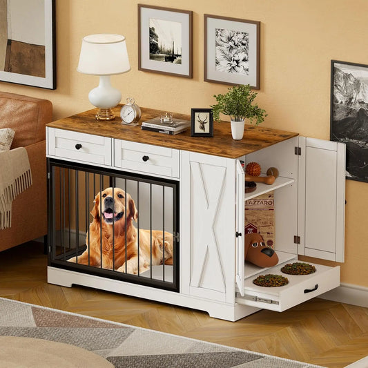 Dog Crate Furniture Kennel with Double Doors - Wooden Pet House with 2 Drawers and Pet Feeder Station Storage Cabinet
