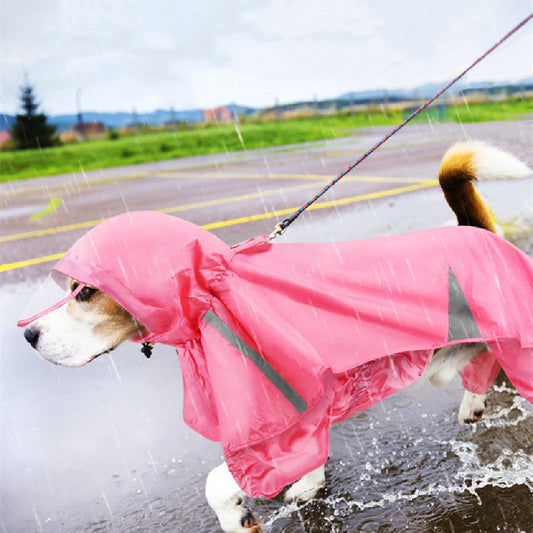 Dog wearing a pink raincoat walking on a wet road