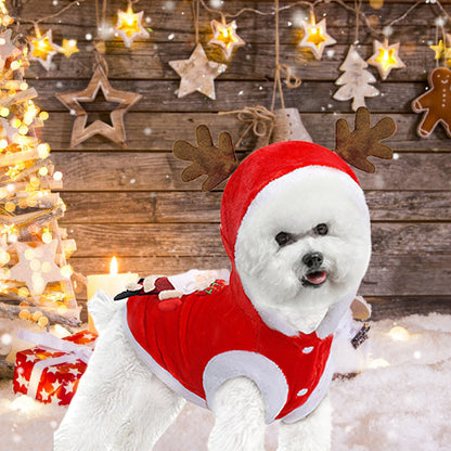 Christmas Santa Reindeer Pet Outfit - Holiday Coat with 3D Antlers