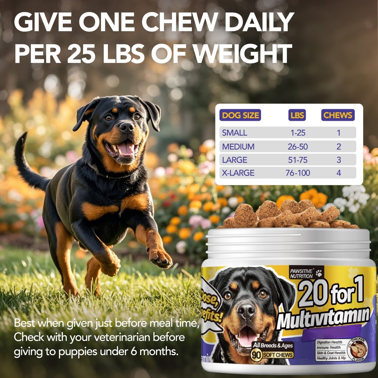 PAWSITIVE NUTRITION Multivitamins for Dogs, Dog Vitamins, Coenzyme Q10 & Multivitamins, Dog Vitamins Multivitamin Chewablew, Suitable for All Dogs(Chicken Flavor, 90 Chews) | Purrfect Pet Haven