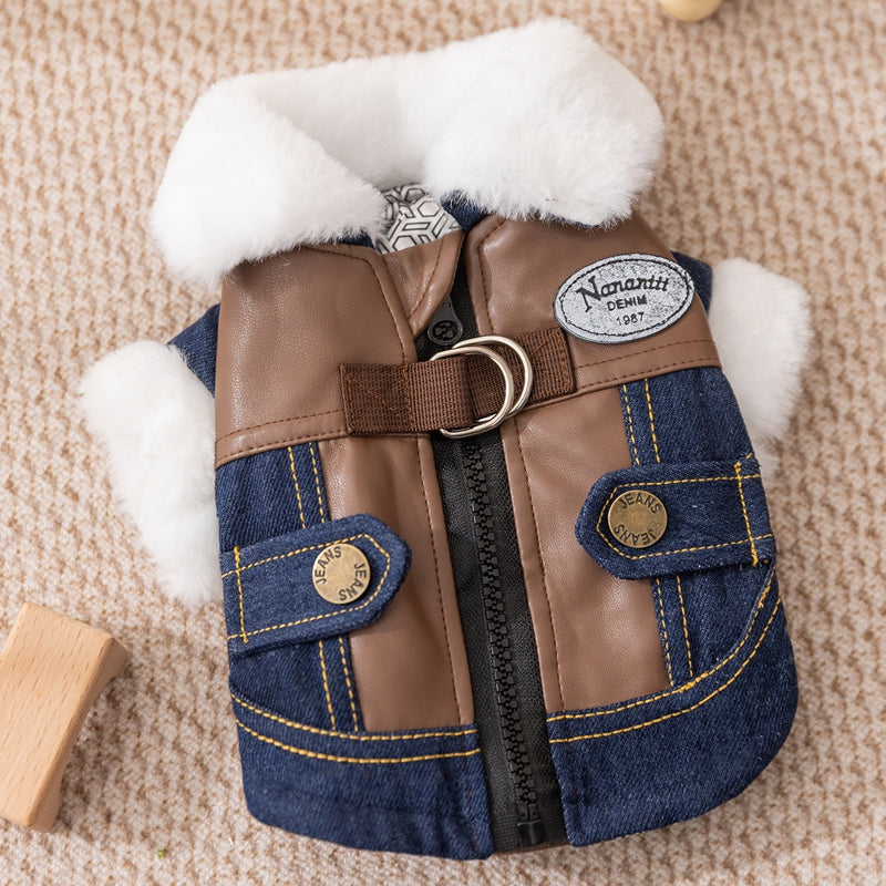 Retro Rebel Jacket - Denim Pet Coat with Fur