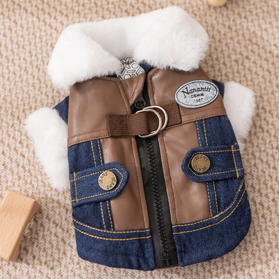 Retro Rebel Jacket - Denim Pet Coat with Fur