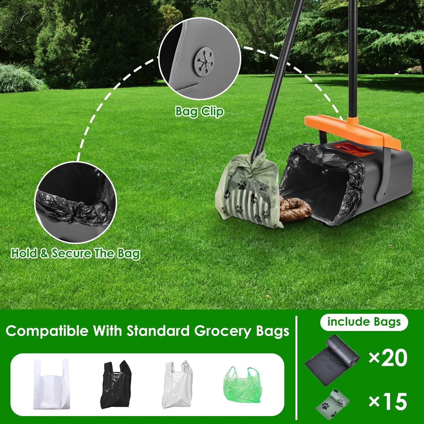 Pooper Scooper Kit Dog Poop Rake & Swiveling Bin Poop Heavy Duty Pick Up Tool With Extra Long Handle 35 Waste Bags Dispenser