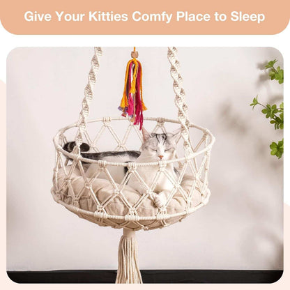 Macrame Cat Swing Bed For Indoor Cats - Boho Hanging Hammock With Washable Mat