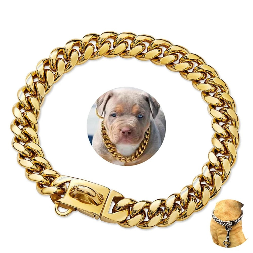 Stainless Steel Cuban Chain Lock Buckle Gold Silver Black Pet Dog Collar