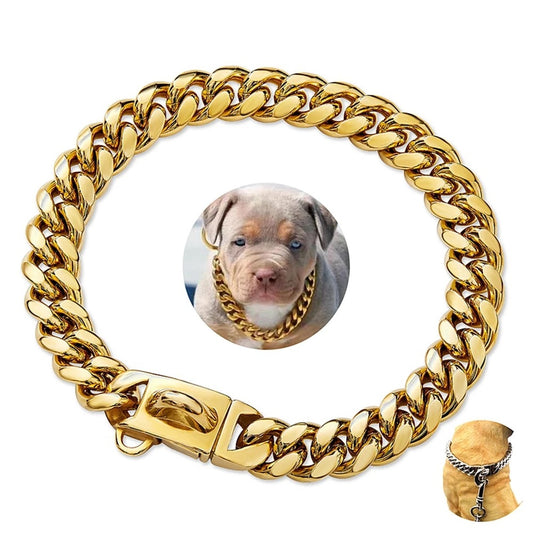 Stainless Steel Cuban Chain Lock Buckle Gold Silver Black Pet Dog Collar