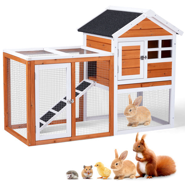 Wooden Rabbit Hutch with Run - Fir Wood with Ladder