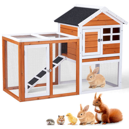 Wooden Rabbit Hutch with Run - Fir Wood with Ladder