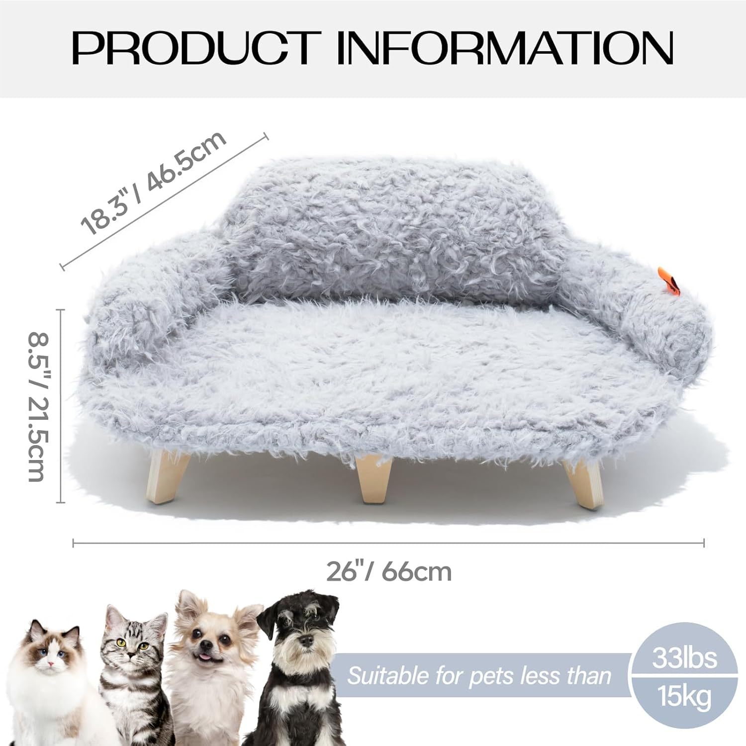 Pet bed with dimensions and suitability for pets less than 33 lbs.