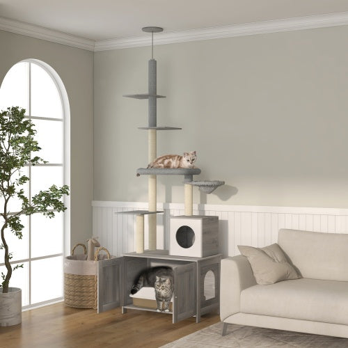 Floor to Ceiling Cat Tree - 2-in-1 Litter Box