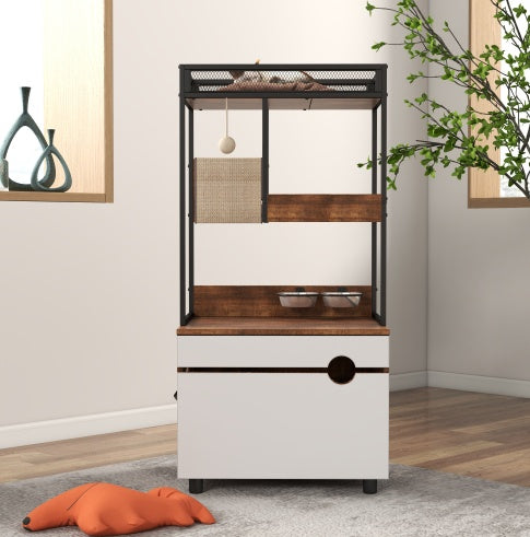Front Access Cat Litter Box Enclosure with Cat Tree Tower