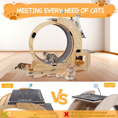 Cat Exercise Wheel Wooden - Silent 6-in-1 Indoor Cat Gym
