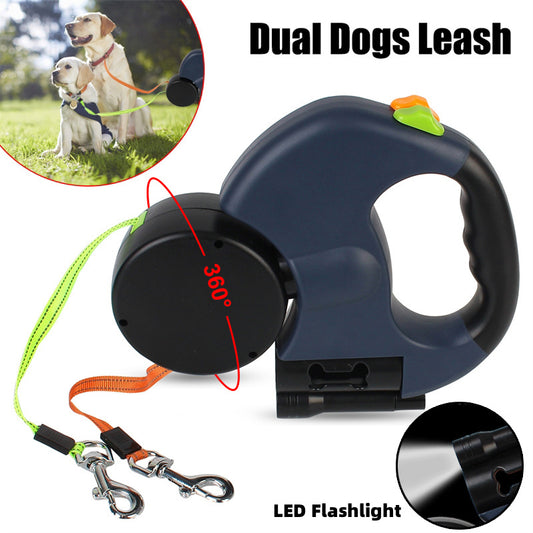 Reflective Swivel Dual Pet Retractable Dog Leash For Small Dogs with Light and Bag Holder