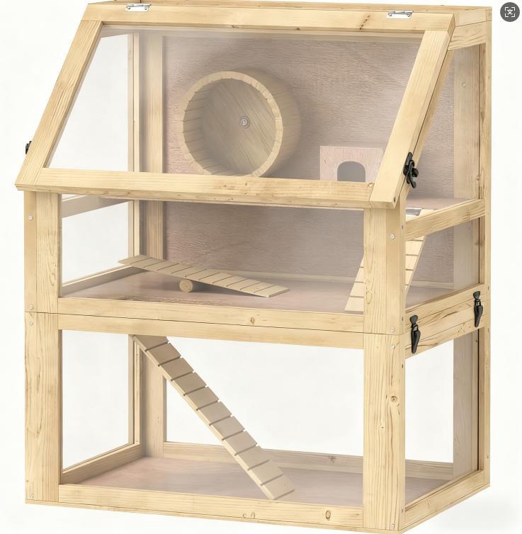 Hamster Cage 3 Tier Wooden - Deep Base Toys Wheel Included