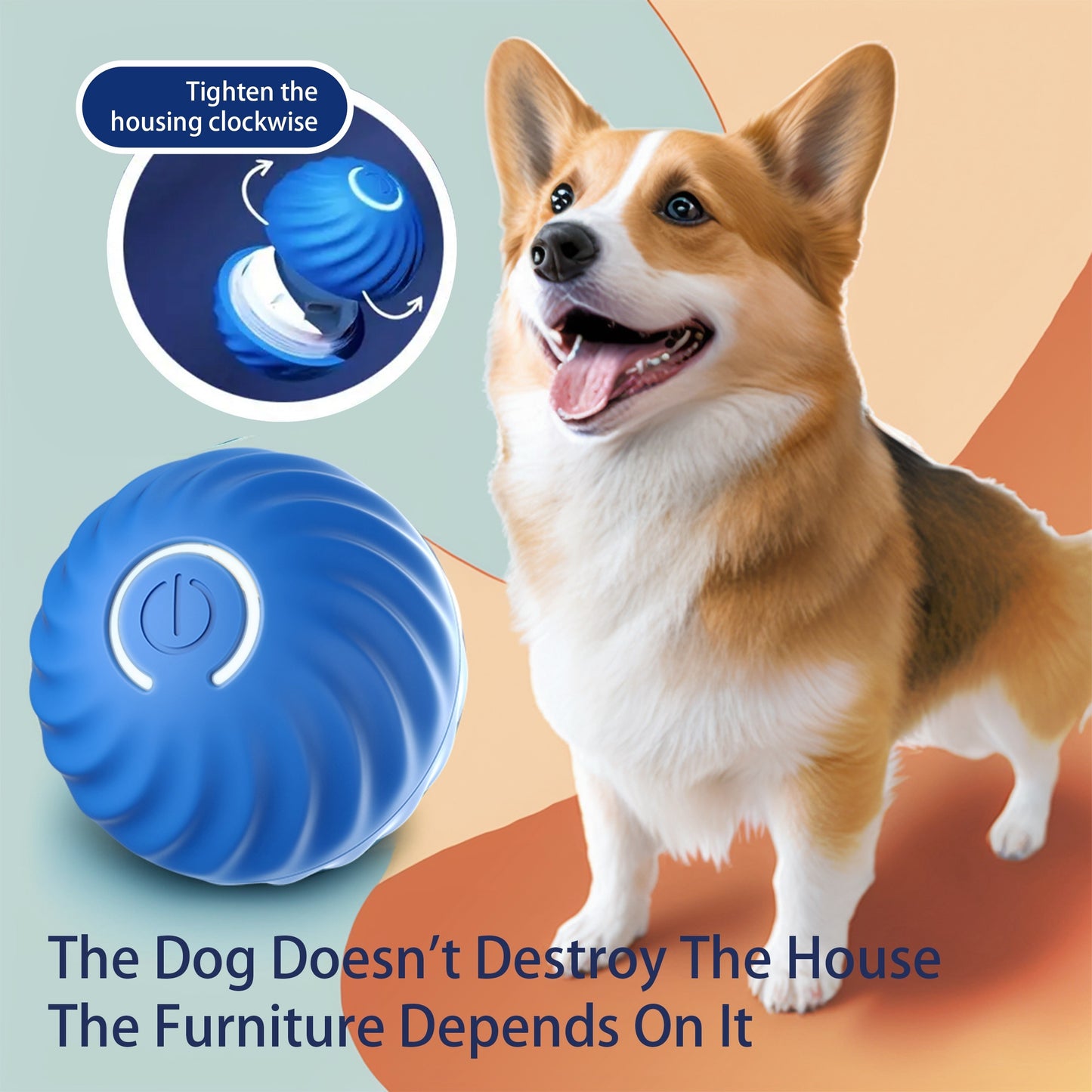Wefulfil Automatic Smart Dog Toy in blue with playful corgi dog promoting durable pet entertainment