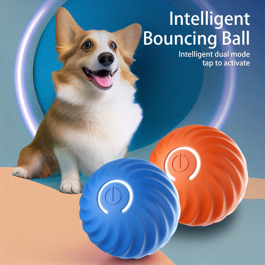 Wefulfil Automatic Smart Dog Toy intelligent bouncing ball in blue and orange with smiling corgi dog