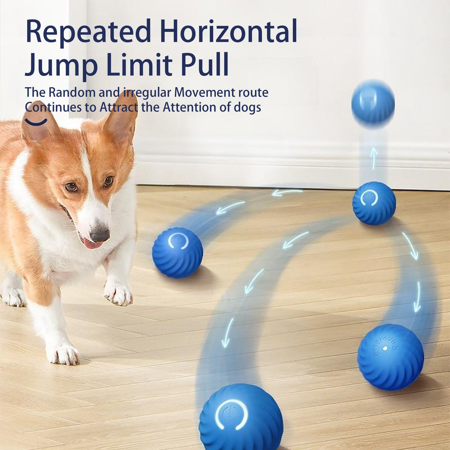 Wefulfil Automatic Smart Dog Toy in blue showing repeated horizontal jump movement attracting dog attention