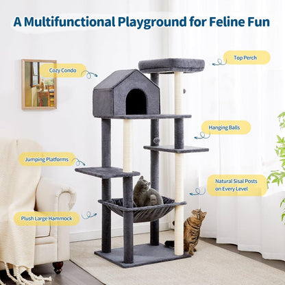 60 Inch Multi-Level Cat Tree For Indoor Cats With Plush Hammock