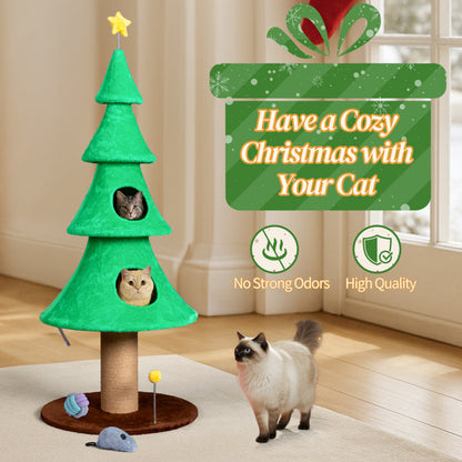Christmas Tree Cat Tower - 59in Tall with Condos & Scratching Post - Purrfect Pet Haven