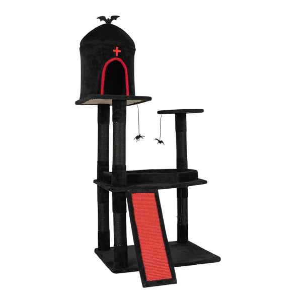 53in Gothic Cat Tree With Coffin Bed, Large Cat Tower With Spacious Cat Condo, Scratching Posts, Spider Hanging Toys, Scratching Board, Multi-Level Cat Activities Furniture For Large Cats, Red & Black